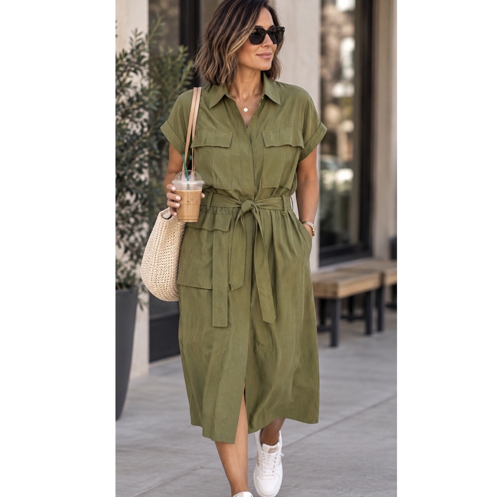 COS Olive Green Utility Shirt Dress Modal Blend Midi Belted Safari Size 8